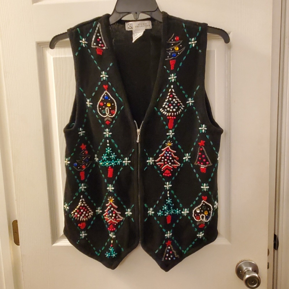 Vtg Studio Collection sz M Beaded Black Knit Christmas Vest Zip‎ Festive Holiday